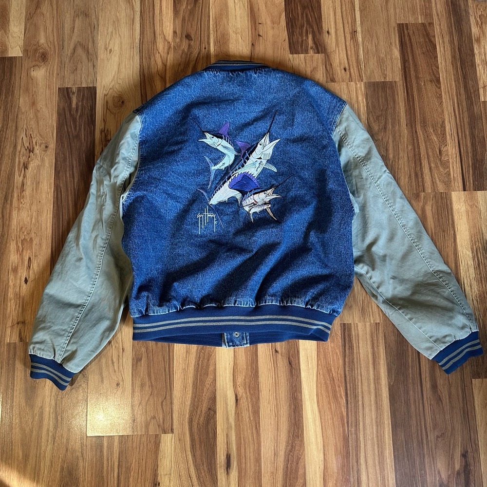 VTG 90s Guy Harvey Men's Sz Large Marlin Embroidery Denim Varsity Bomber Jacket